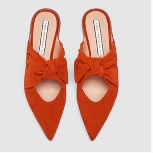 Zara Brick Orange Suede Leather Bow Detail Mules